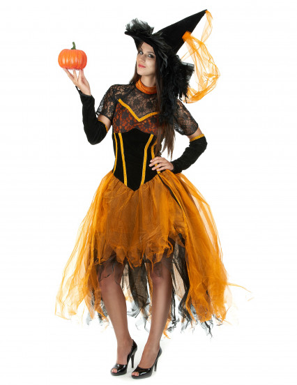 Disfraz bruja puntilla naranja mujer Halloween 2