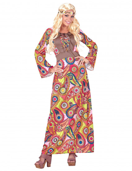 Disfraz hippie vestido largo multicolor mujer 2