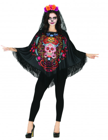Poncho esqueleto colorido para adultos Día de los muertos 1